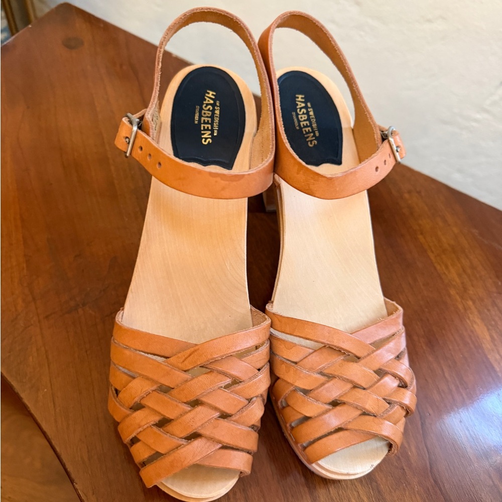 Swedish Hasbeens skylights Tan Leather Woven Sandals EU 41 US 11